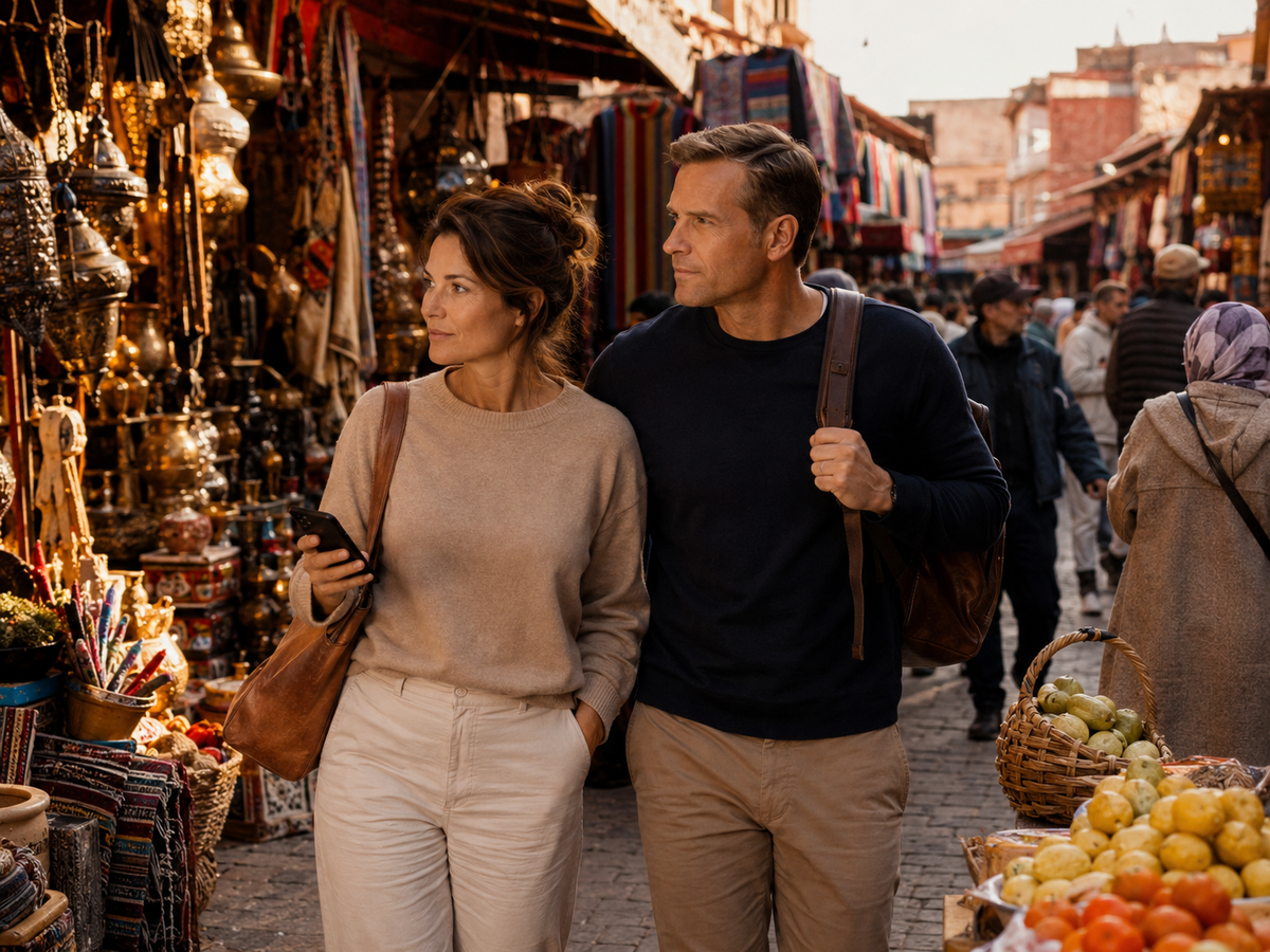 Julia und Markus gehen gemeinsam über einen lebendigen Straßenmarkt im Ausland