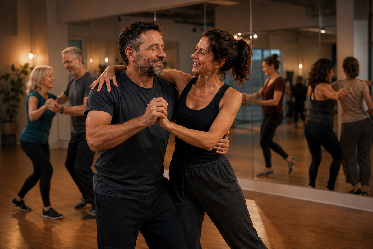 Thomas und Marie tanzen gemeinsam entspannt in einem Tanzstudio in Wien