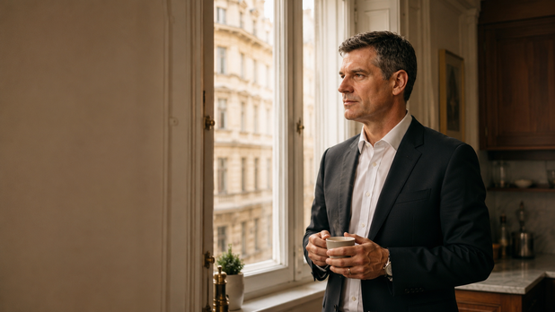 Schlafgeschichten aus Wien: Richter Andreas steht nachdenklich mit einer Tasse Tee am Fenster seiner Wiener Altbauwohnung