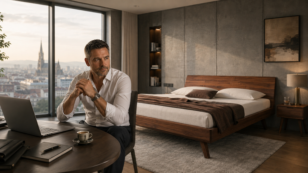 Schlafgeschichten aus Wien: Thomas sitzt mit Laptop in einem modernen Schlafzimmer mit Blick über Wien