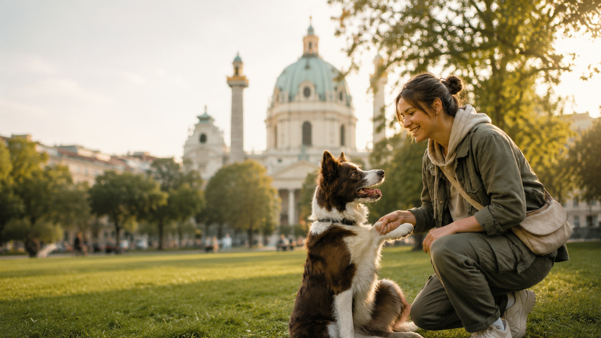 Anna spielt mit ihrem Hund vor der Karlskirche in Wien