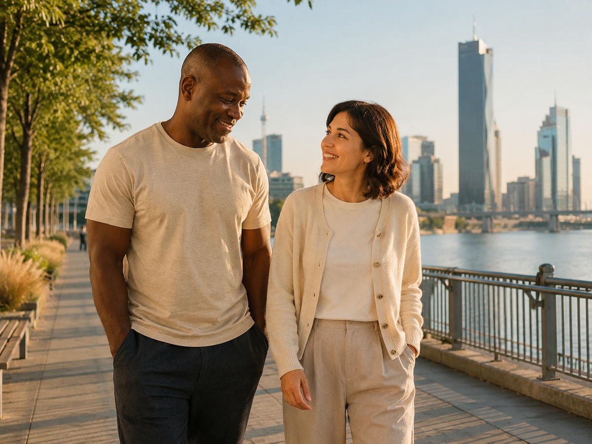Maria und David bei einem entspannten Spaziergang an der Donau in Wien