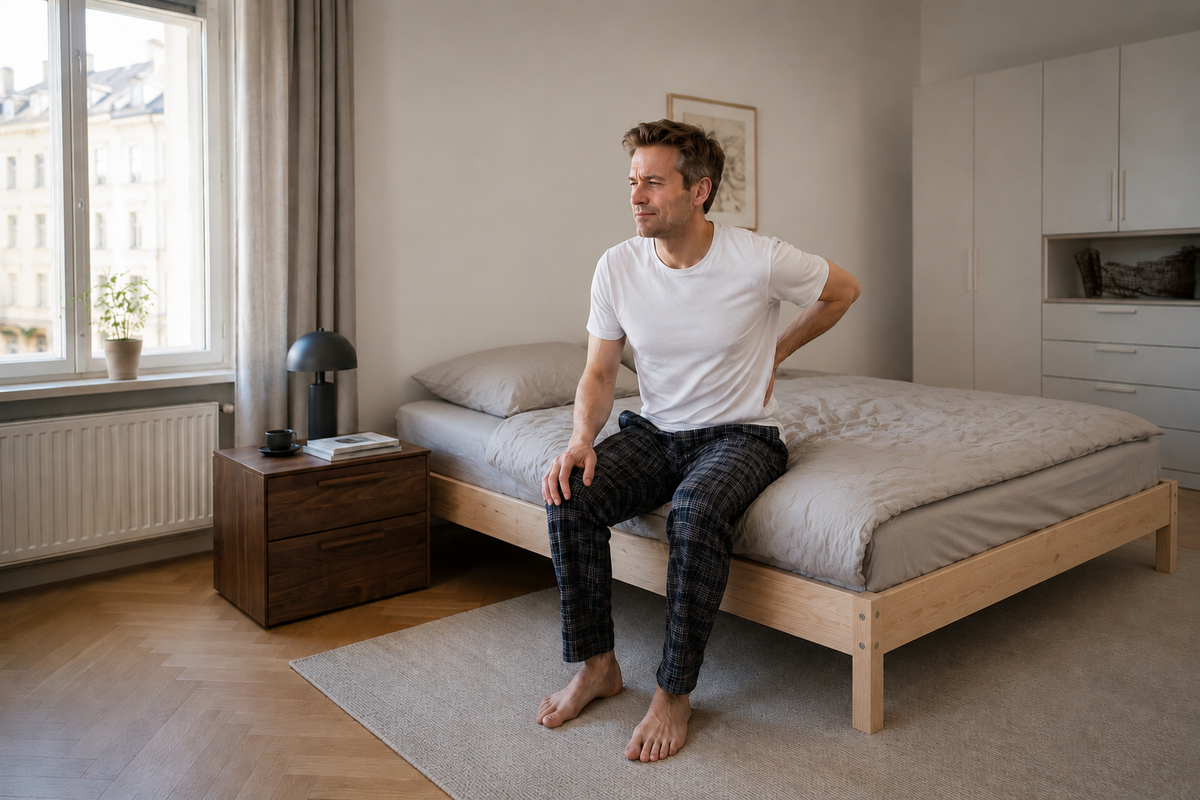 Martin sitzt morgens auf der Bettkante und hält sich den unteren Rücken