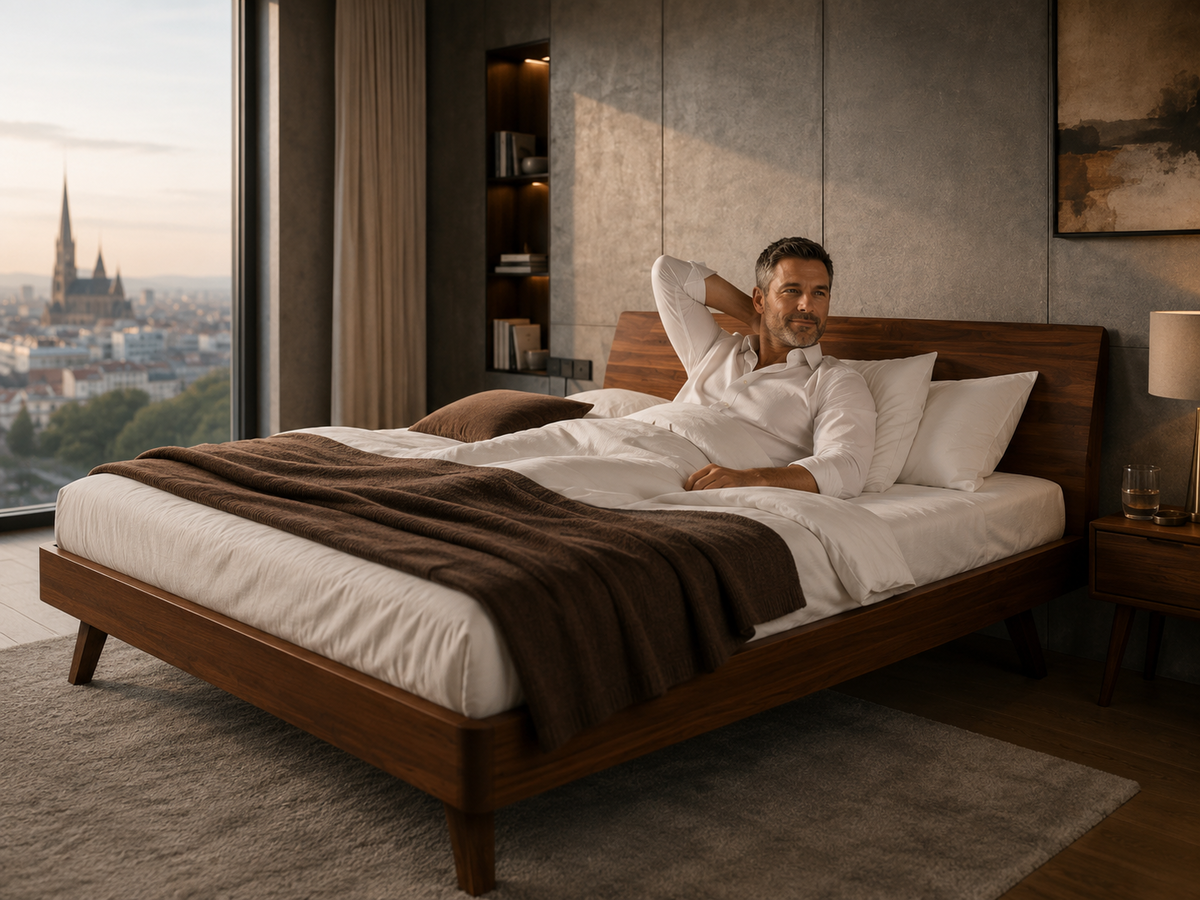 Thomas liegt entspannt in einem hochwertigen Bett mit Blick über Wien