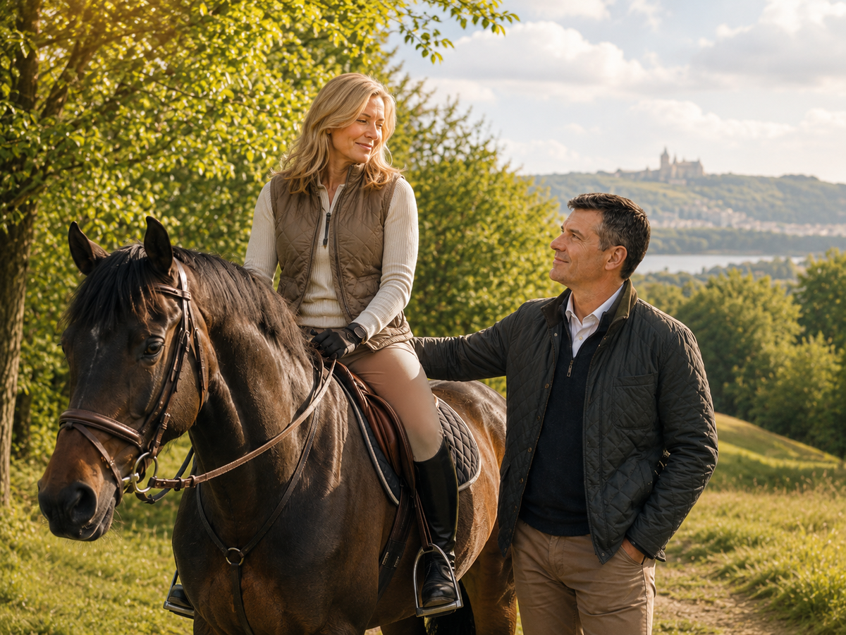 Andreas steht neben Barbara, die auf einem Pferd sitzt, in grüner Natur bei Wien