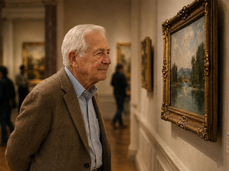 Josef betrachtet aufmerksam ein Gemälde in einem Wiener Museum