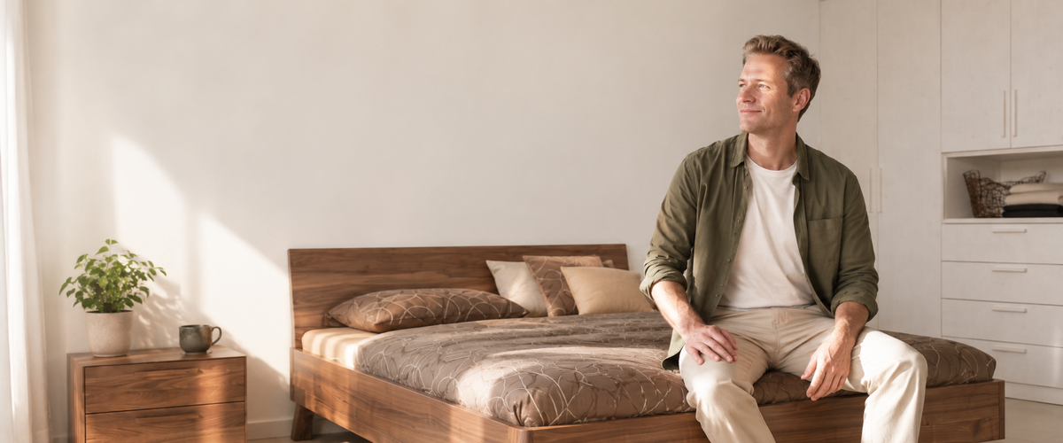 Martin sitzt erholt auf seinem neuen Bett