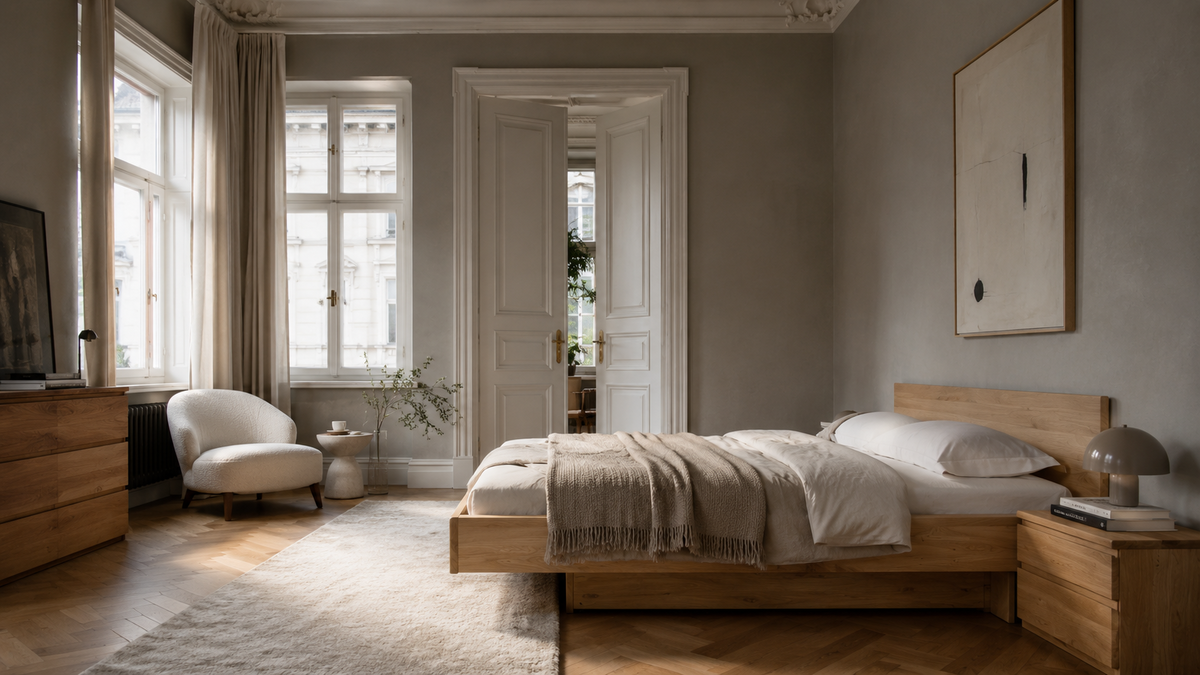 Bett New York in Eiche mit Kasten in Fichte grau in einem eleganten Schlafzimmer