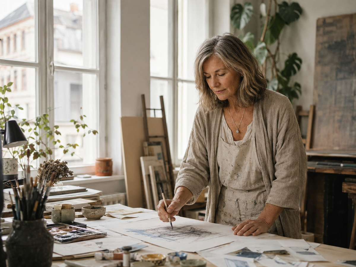 Clara arbeitet konzentriert zwischen Skizzen und Farben in ihrem Wiener Atelier