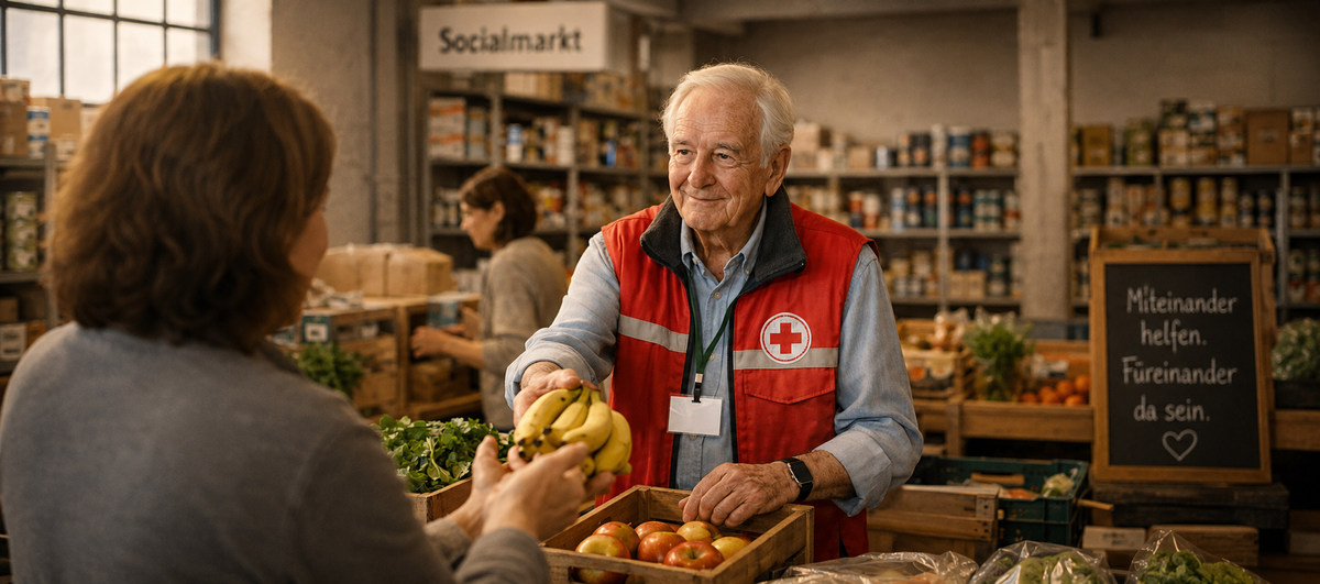 Josef hilft in einem Sozialmarkt bei der Ausgabe von Lebensmitteln