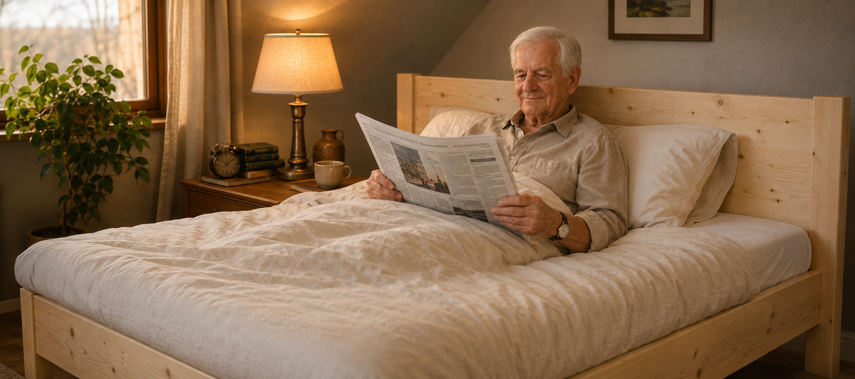 Josef liest am Morgen entspannt Zeitung im Bett