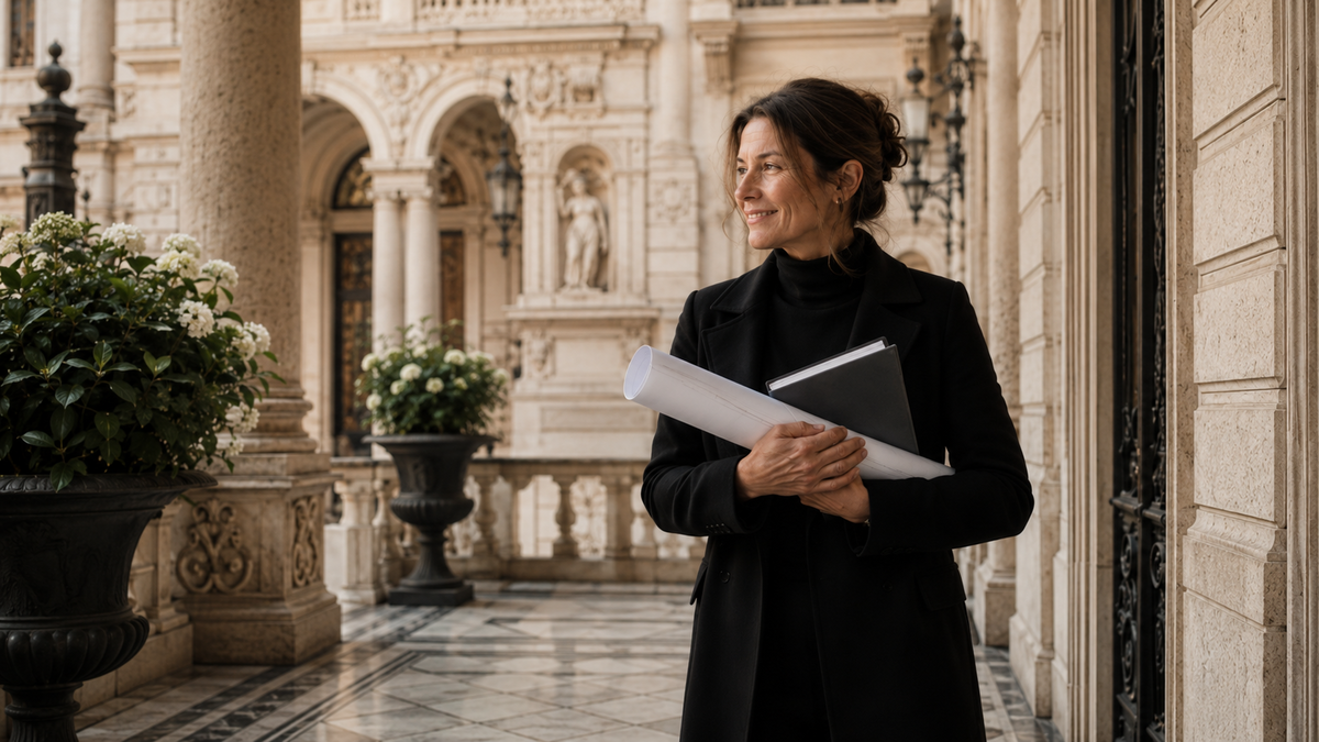 Architektin Sophie steht mit Plänen in einem historischen Wiener Innenhof