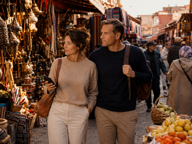 Schlafgeschichten aus Wien: Julia und Markus gehen gemeinsam über einen lebendigen Straßenmarkt im Ausland