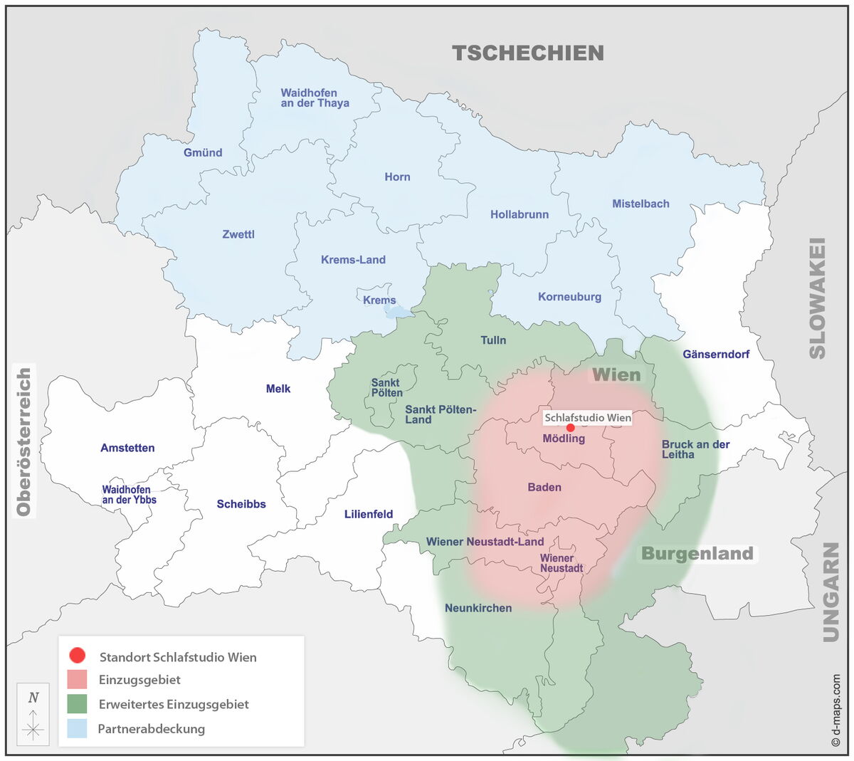 Einzugsgebiet Schlafstudio Wien und NÖ - Regionen Wien, Mödling, Baden, Wiener Neustadt