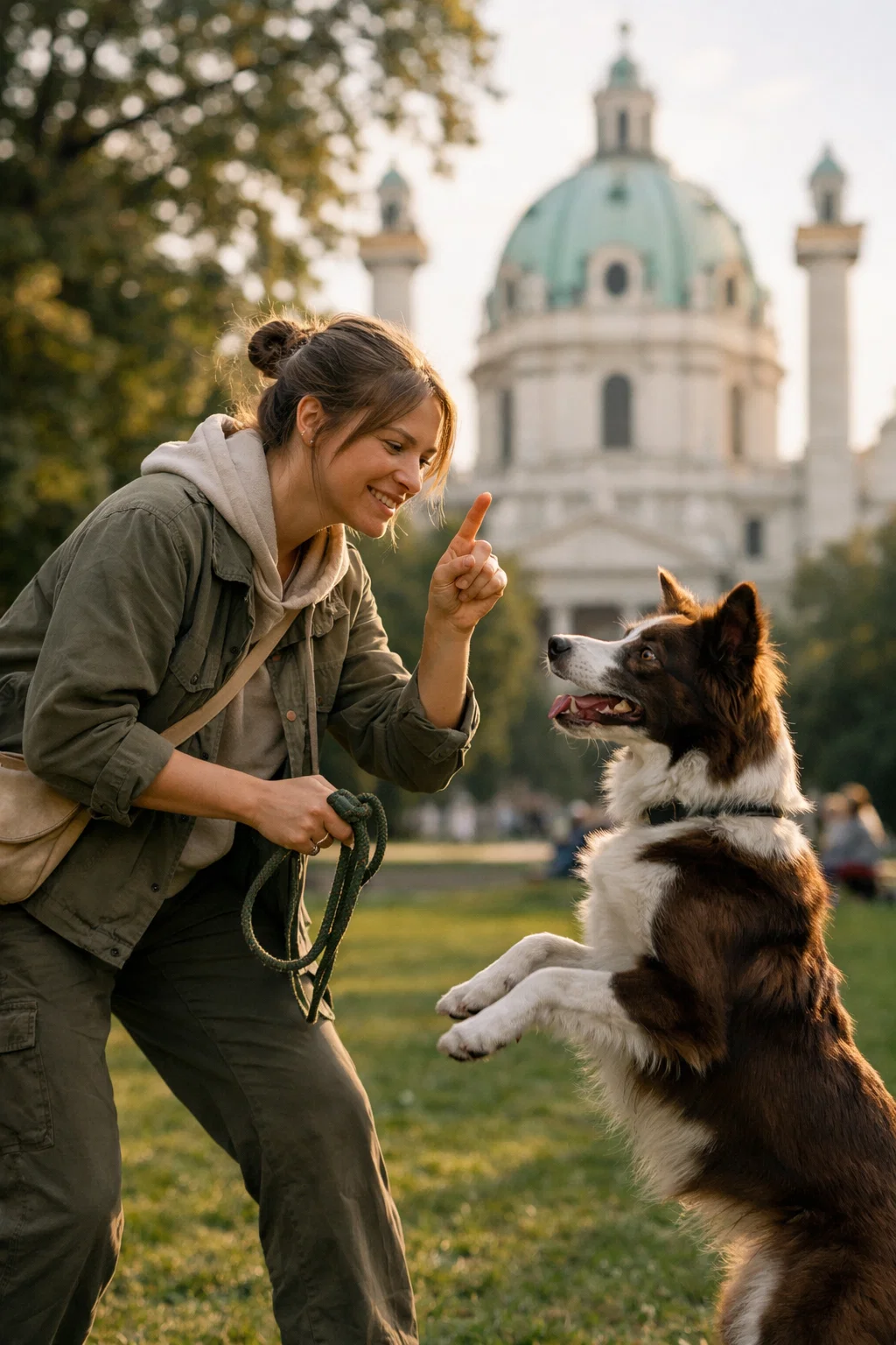 Anna trainiert ihren Hund vor der Karlskirche in Wien